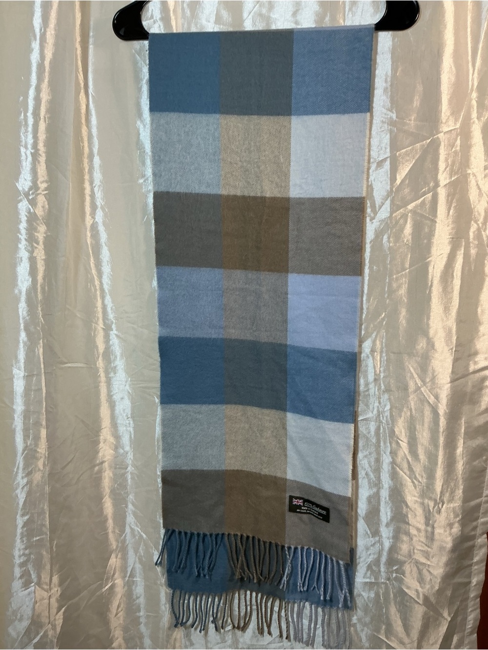 Blue & Gray Plaid Fringe Scarf -cashmere